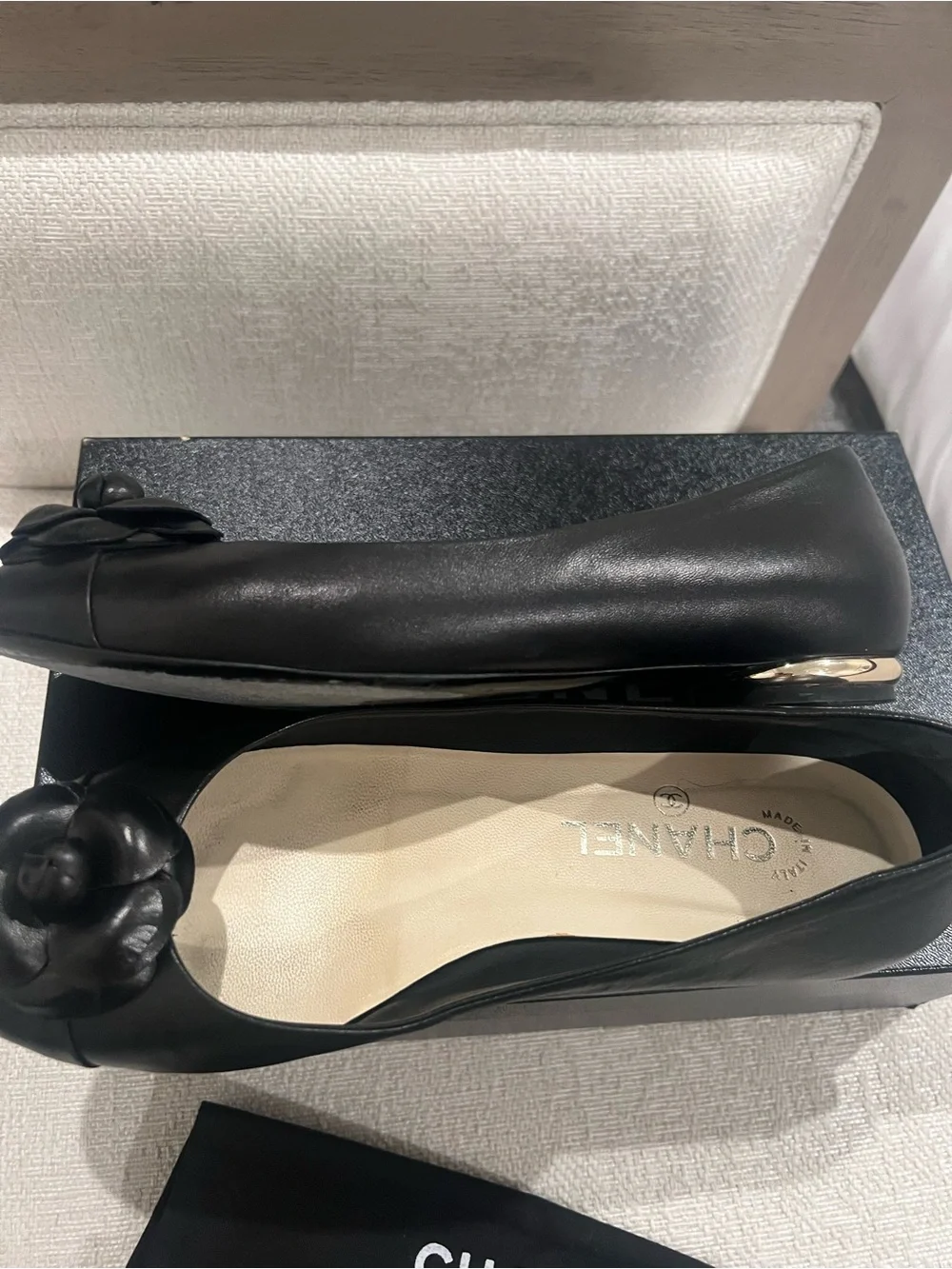 CHANEL Black Leather Camellia Round-Toe Flats